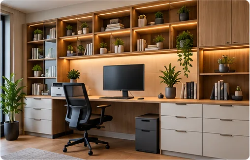 Bureau sur mesure avec bibliothèque, armoires, tiroirs et éclairage