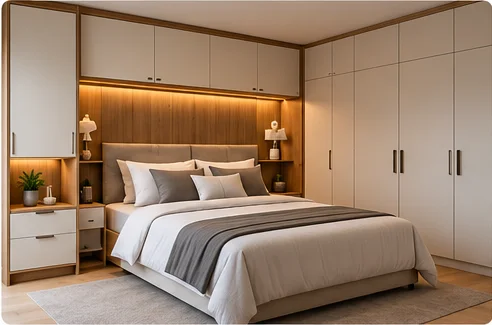 Chambre à coucher sur mesure avec lit, penderies et rangements intégrés