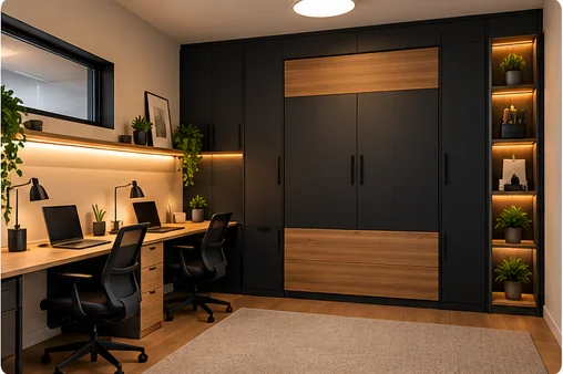 Lit mural avec bureau double intégré, rangements et éclairage