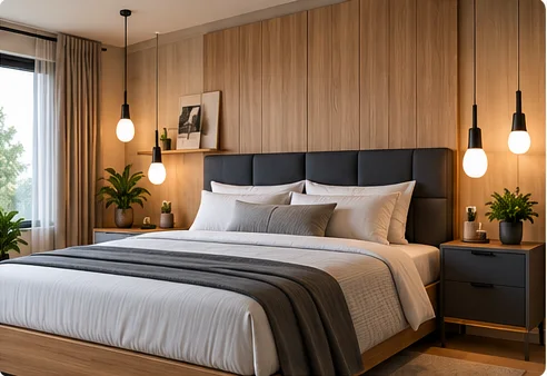 Lit standard sur mesure avec tête de lit, tables de chevet et rangement intégré