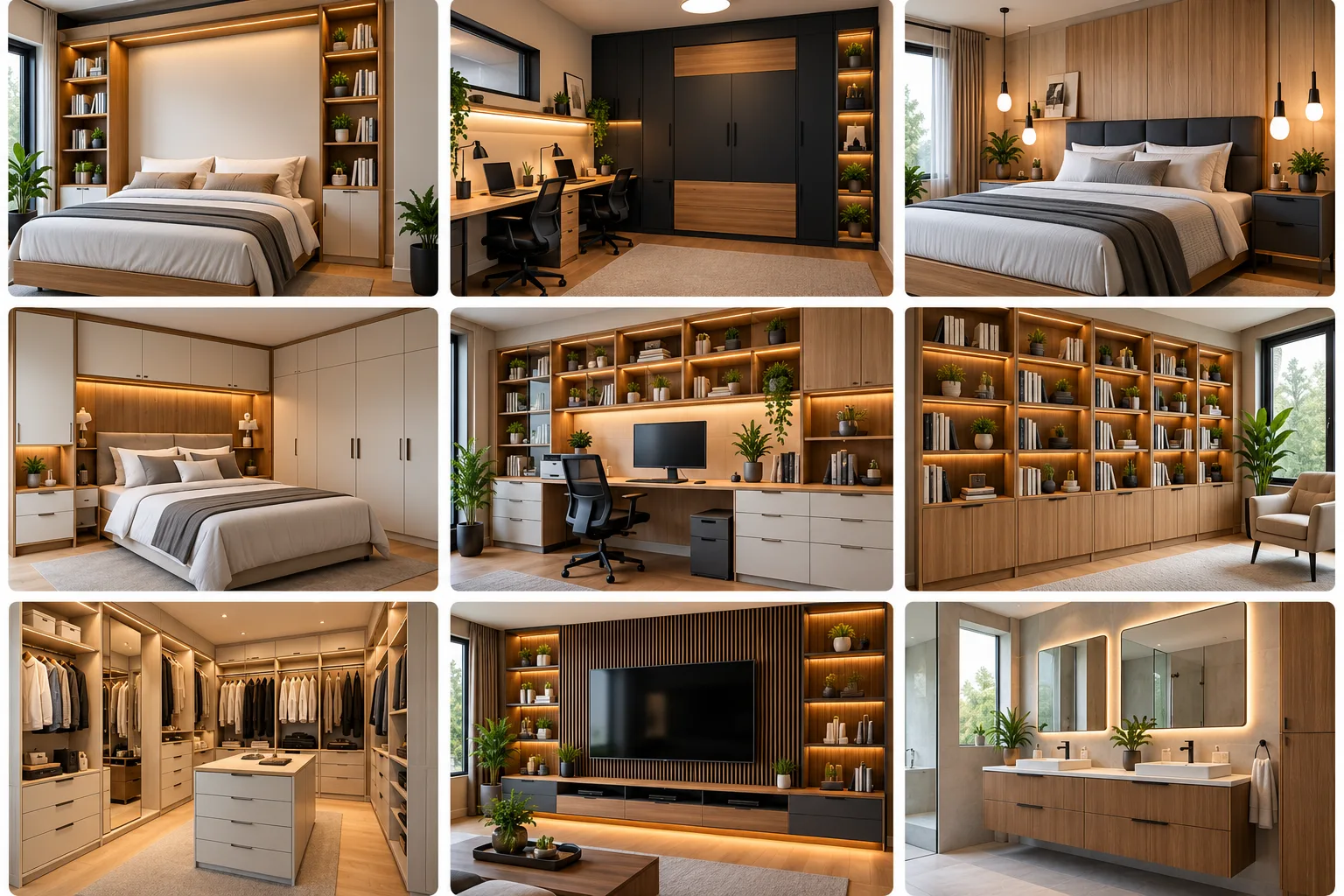 Aperçu de neuf solutions de mobilier sur mesure LitMural : lits muraux, bureau, chambre, bibliothèque, walk-in, unité télévision et vanité